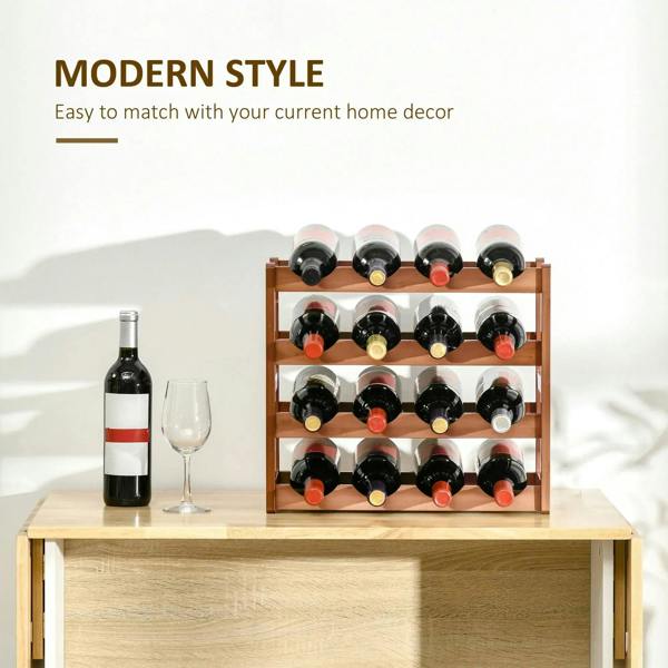 Brown bamboo wine rack on countertop with bottles displayed across four tiers