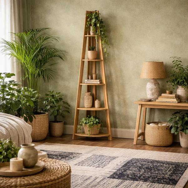 Wyld Haus Athy Brown Oak Wooden Corner Ladder Shelving Unit 4 Shelves