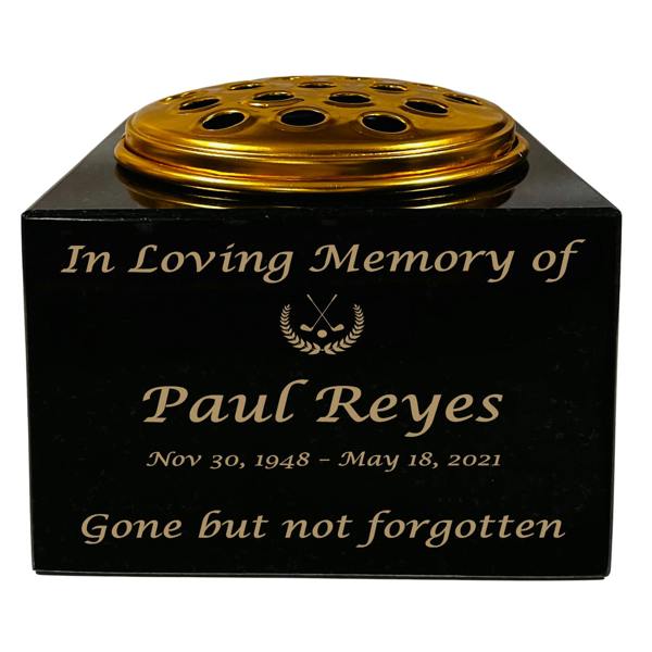 Memorials Direct Granite Memorial Vase with Golf Design, Free Personalised Gold Engraving, Solid Granite 6 x 6 x 4 Inches