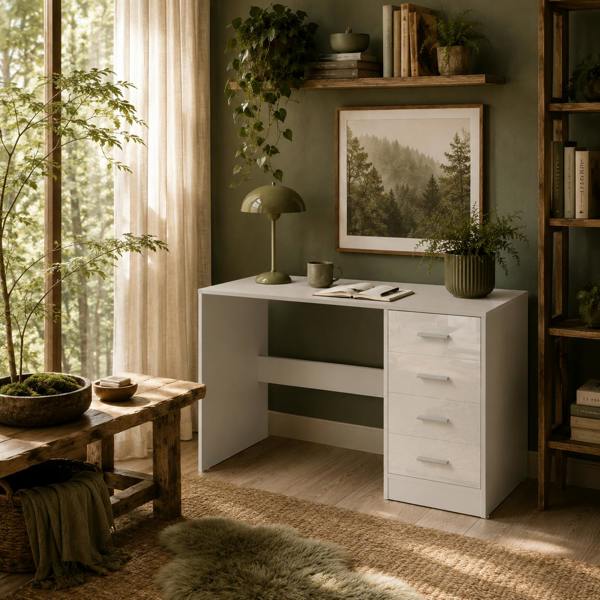 Wyld Haus Reka 98cm High Gloss White Desk 4 Drawers For Home Office