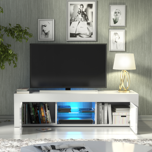 Mex Furniture Striking 130cm TV Unit & Cabinet White High Gloss Doors Free LED Lights
