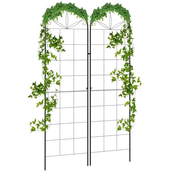 Black metal trellis set of 2 with arched grid panels and leafy climbing vines
