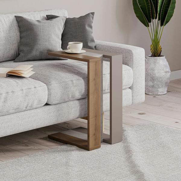 Decortie Muju Modern C Shape Table Oak Effect Gold Marble Effect Mocha Grey Multipurpose  H 57cm