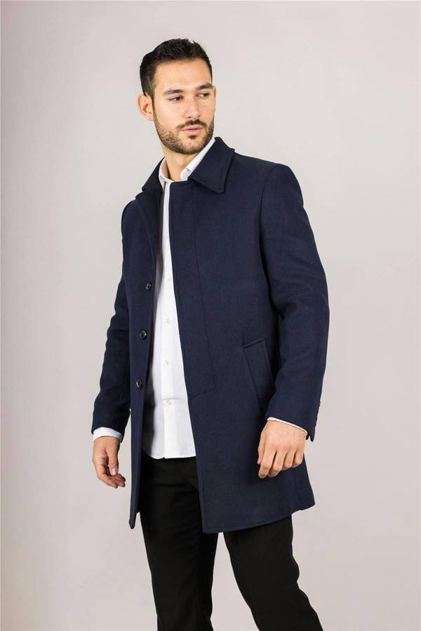 Infinity Leather Men's Wool Blend Classic Collar Navy Overcoat
