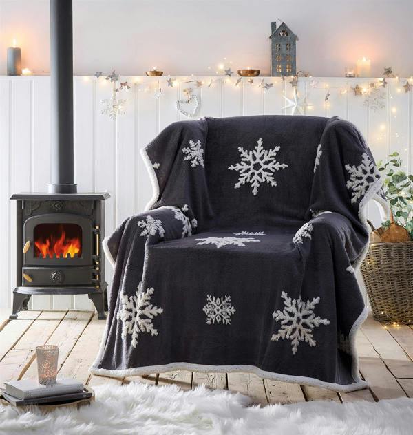 Snowflake Charcoal Sherpa Fleece Throw 130x170cm