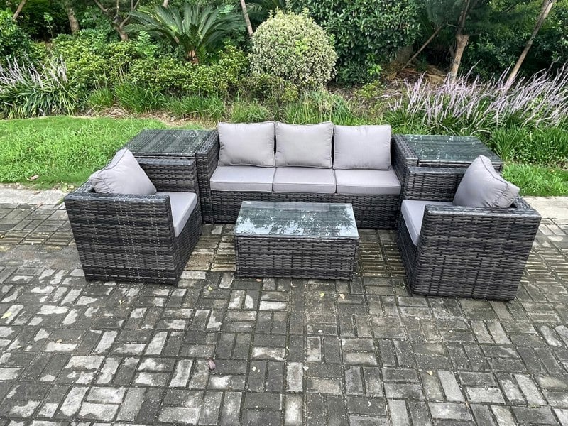 Fimous Rattan Garden Furniture Set with 3 Seater Sofa Coffee Table 2 Side Tables 2 Armchairs Indoor Outdoor Patio Lounge Sofa Set Dark Grey Mixed