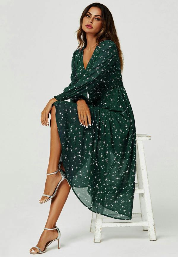 FS Collection Silver Star Foil Long Sleeve Maxi Dress In Green
