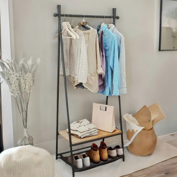 Rafaelo Mobilia Industrial Open Wardrobe Garment Rail With Storage Shelves Brown