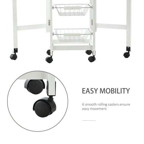 Wyld Haus Ziha Wooden White Oak Tone Drop Leaf Kitchen Trolley With Baskets And Wheels