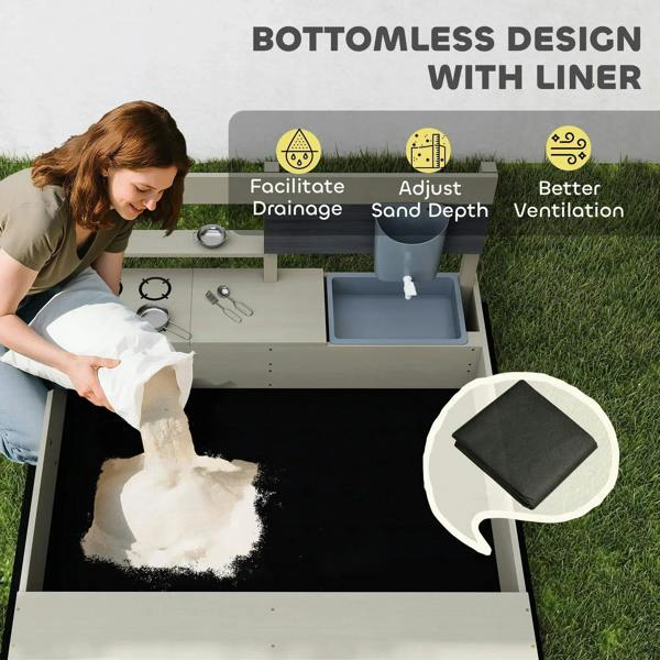 Kids wooden sandbox with liner insert and open bottomless drainage design