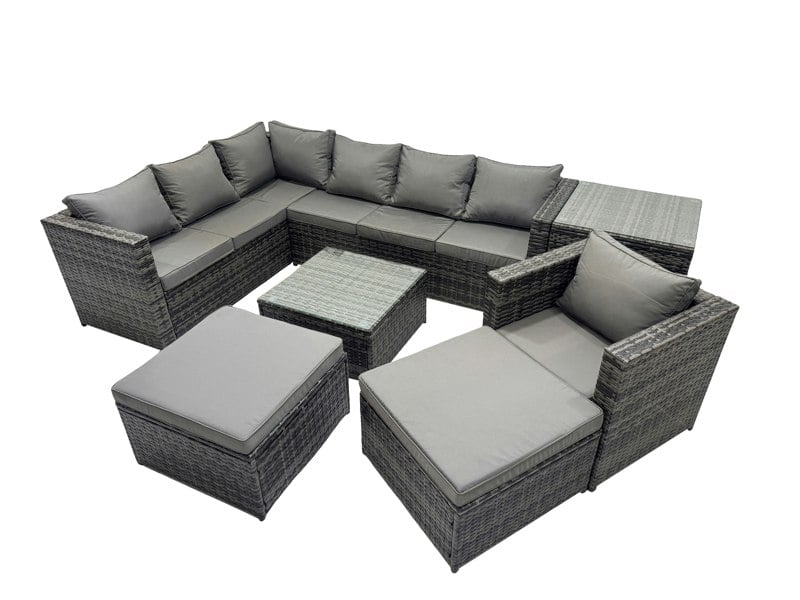 Fimous Rattan Garden Furniture Patio Furniture Sets with Corner Sofa Chair Square Coffee Table 2 Big Footstools Side Table Dark Grey Mixed