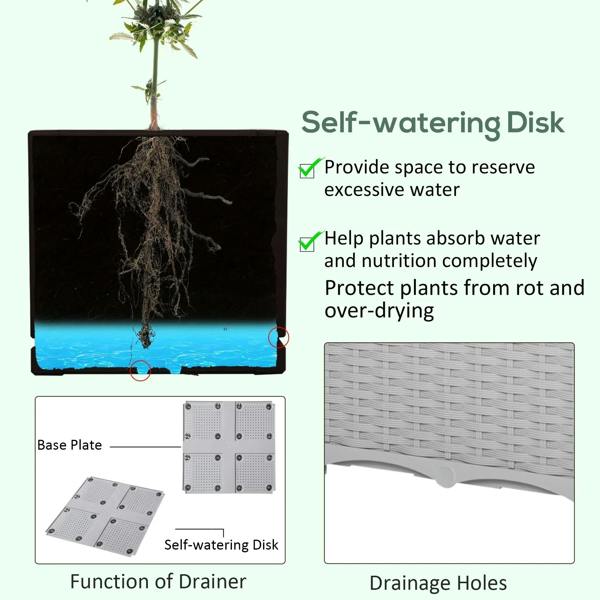Grey planter drainage and self-watering disk components for elevated raised garden beds
