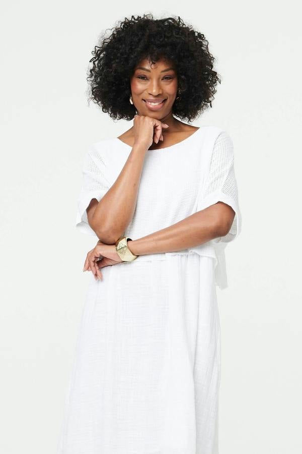 White | Mesh Textured Layered Midi Dress
