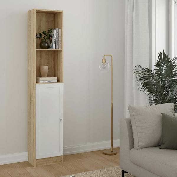 Furniture To Go Basic Tall Narrow Combination Storage Bookcase in Oak (4 Shelves) with White Door