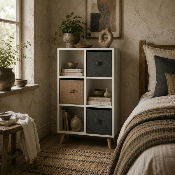 Wyld Haus Nadiro Wooden White 6 Cube Storage Unit With 3 Fabric Drawers And OFauxn Shelves