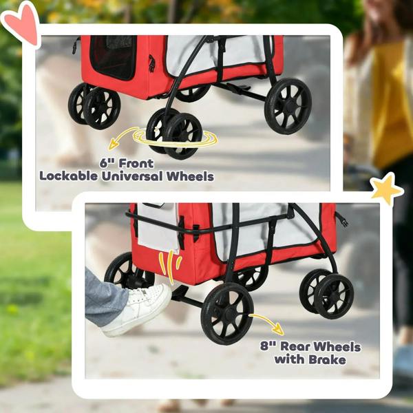 Red pet stroller with lockable front universal wheels and rear wheels with brake