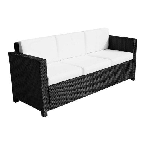 Wyld Haus Sudori Black Rattan 3 Seater Outdoor Sofa With White Cushions