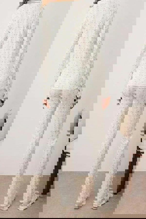 WOVCOR 2-Piece 100% Cotton Floral Lace Detail Ribbed Knit Pajama Set