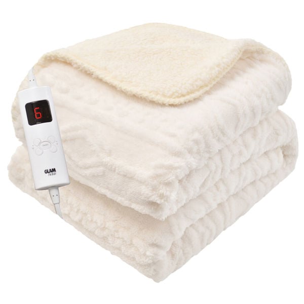 GlamHaus Heated Electric Throw Blanket - Luxurious & Soft Design - 9 Temperature Settings & 9-Hour Timer White
