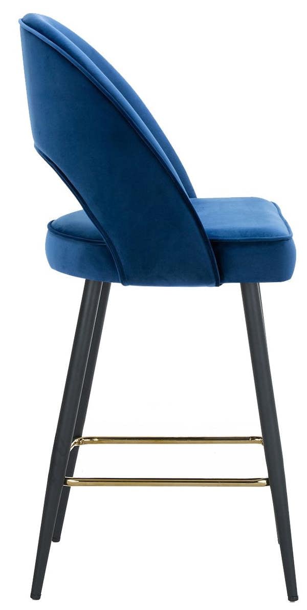 Lamboro Chelsea Velvet Bar Stool, Gold Footrest & Black Legs, Padded Seat – Blue