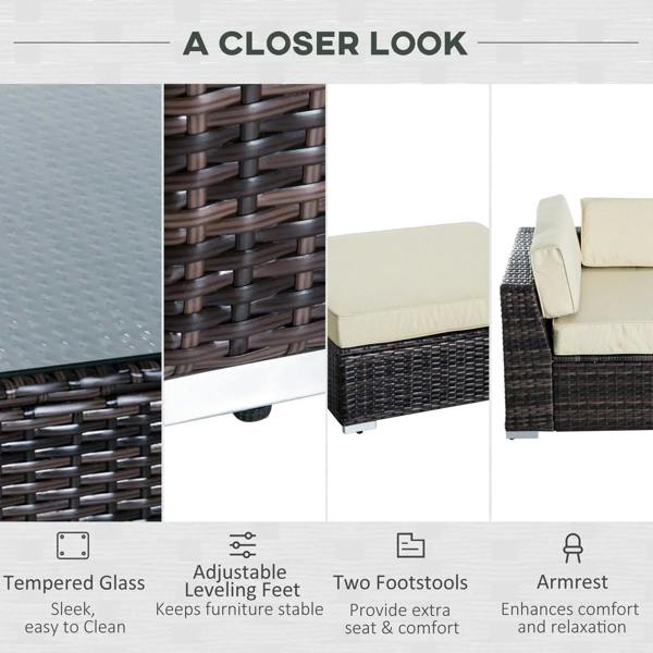 Corner sofa and ottoman in dark brown rattan with white cushions and green accent pillow