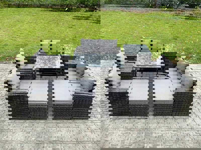 Fimous 8-Piece Rattan Garden Furniture Set - Dark Grey Mixed Wicker Patio Sofa Conversation Set with 2 Big Footstools & Side Table