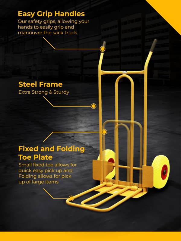 Bristol Tool Company 1894 CGV380 Heavy Duty Folding and Fixed Toe Sack Truck, Puncture Proof Wheels, 200Kg Capacity, Yellow