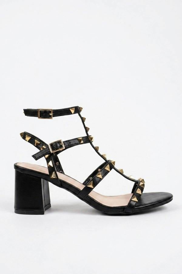 Edie Studded T Bar Block Sandals - Black
