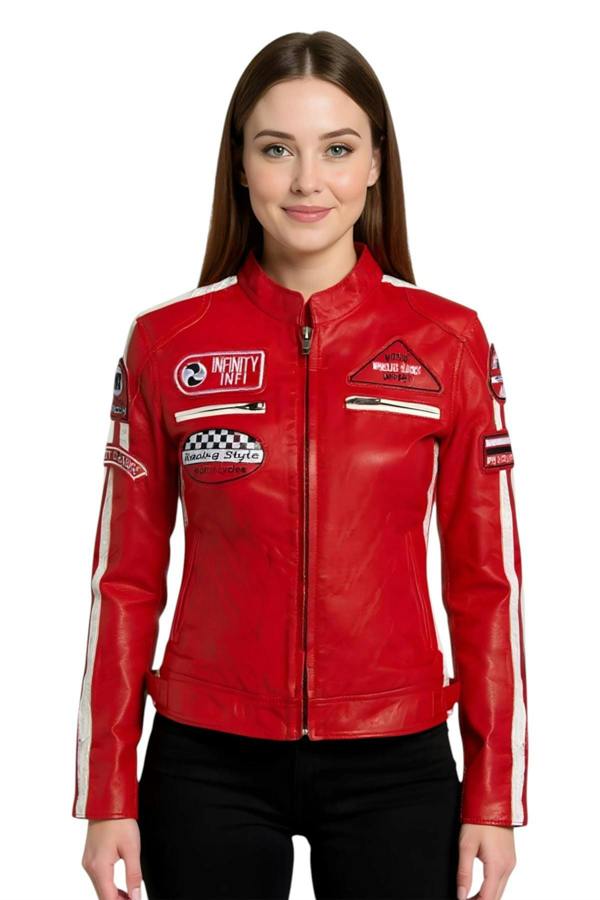 Infinity Leather Womens Leather Biker Racing Badges Jacket-Agadir