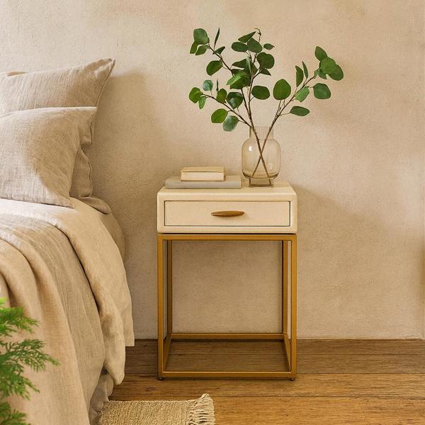 Wyld Haus Belluno Ivory Shagreen and Antique Brass Bedside Table with Drawer