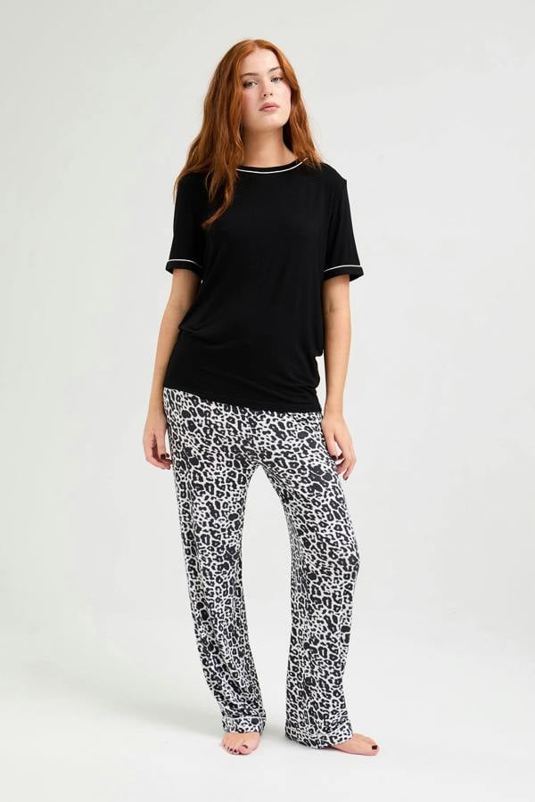 Bamboo Tee and Trouser Set in Black / Luxe Leopard - Pajamas