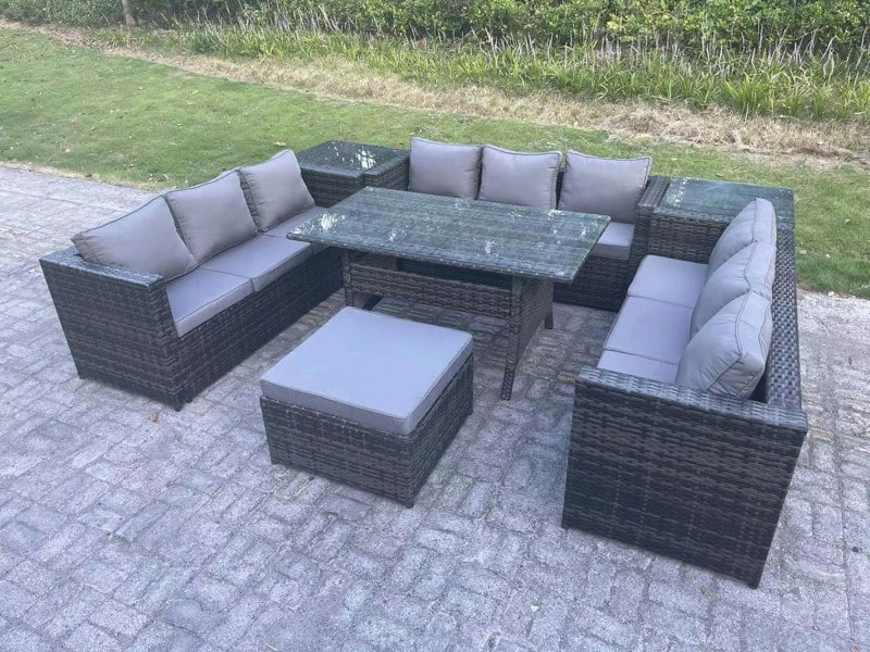 Fimous 10-Seater Dark Grey PE Wicker Rattan Outdoor Lounge Set | Rectangular Dining Table, Large Footstool, 2 Side Tables