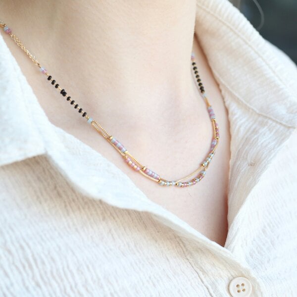 The Colourful Aura Two Layer Gold Pink Grey Seed Bead Indian Traditional Mangalsutra Necklace