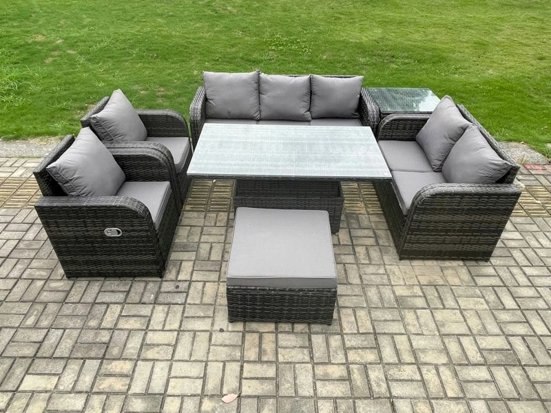 Fimous Dark Grey Mixed Rattan Outdoor Dining Set - Height Adjustable Lifting Table, Reclining Chair, Side Table & Big Footstool
