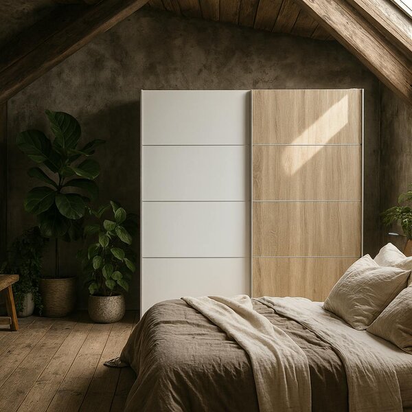 Wyld Haus Bordeaux Wide White and Natural Oak Double Sliding Door Wardrobe 5 Shelves 180cm