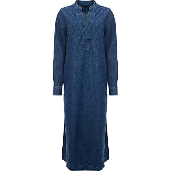 Polo Ralph Lauren Womens Collarless Indigo Wash Ls Denim Midi Dress in Blue