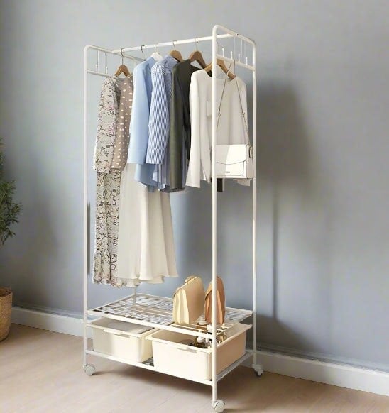 Modcraft Slim White Metal Clothes Rail Garment Rack with Storage Shelves, Hooks & Rolling Wheels