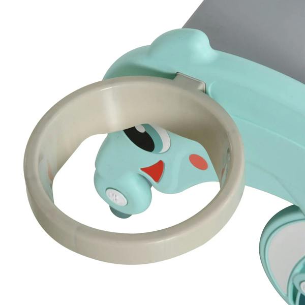Teal rocking horse slide basketball hoop cup close-up with animal face graphic