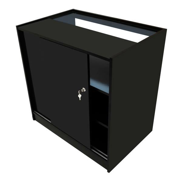 Black Europa LED shop counter set featuring sleek design, smooth surfaces, and secure storage with a lockable door and open shelves
