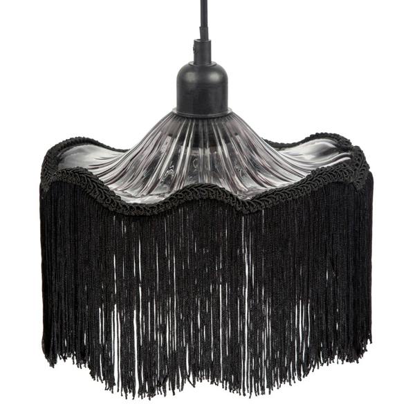 Striking Black Fringed Smoked Glass Pendant Shade with Long Tassels Image 1
