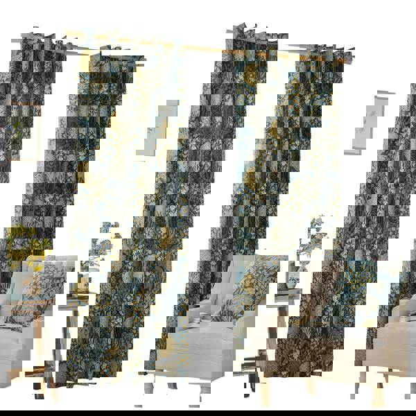 Wylder Ophelia Lined Floral Pencil Pleat Curtains - Blue/Saffron