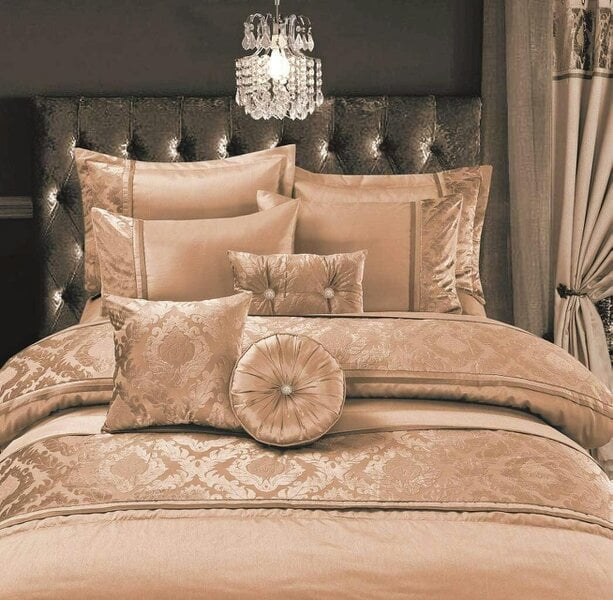 Night Zone Casablanca Satin Duvet Cover Set – Embroidered Bedding with Black Lace Trim - Gold