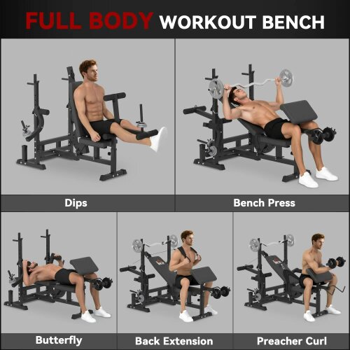 Bobobiy Weight Bench, 6 in 1 Adjustable Bench Press with Leg Extension, Multi-Function Home Gym Equipment for Strength Training Weightlifting