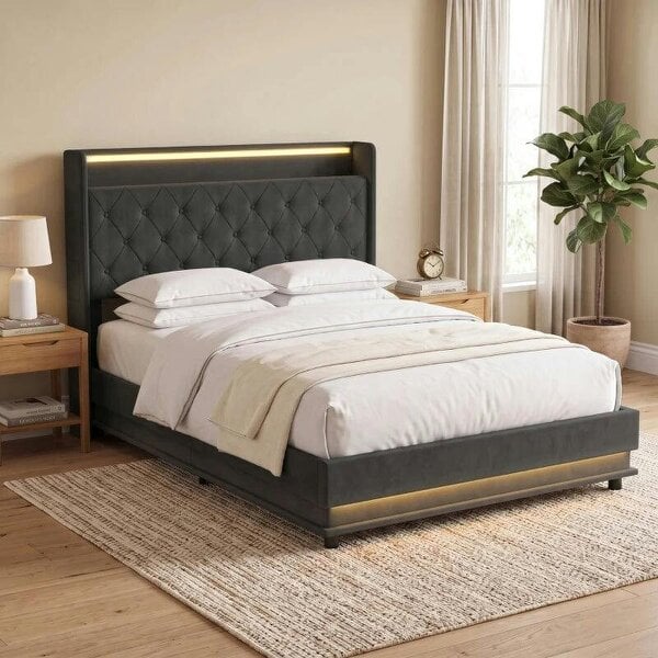 4ft6 Double Bed Frame with Headboard, Platform Bed Frame with Hydraulic Storage, LED Lights and Charging Station, Black