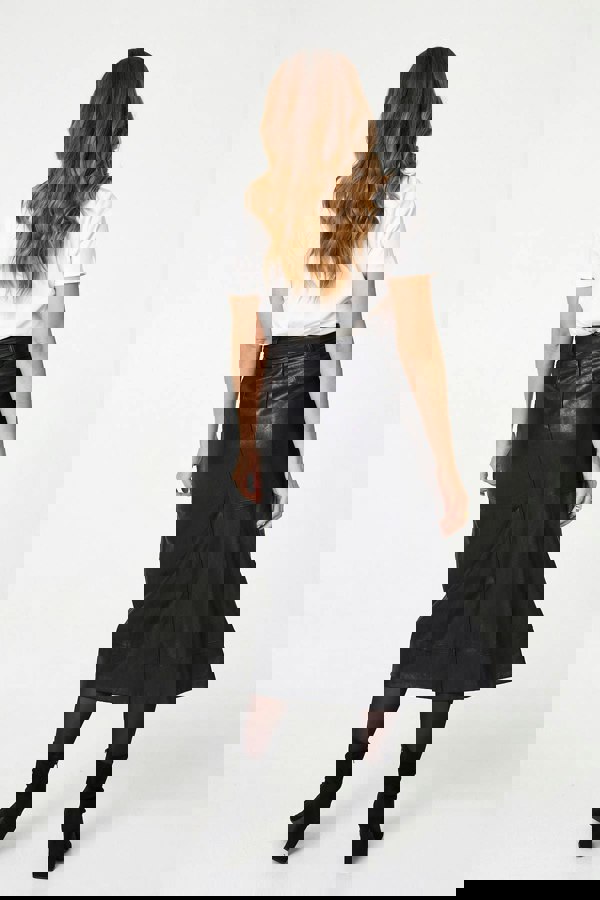 Black | Faux Leather Tie Waist A-Line Midi Skirt