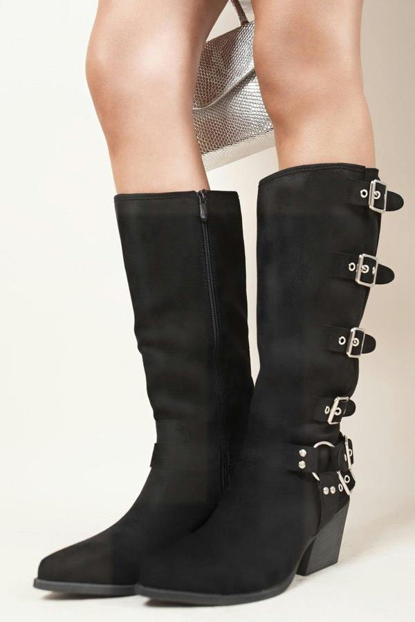 Ornella Block Heel Knee High Boots With Buckle Strap Detail - Black