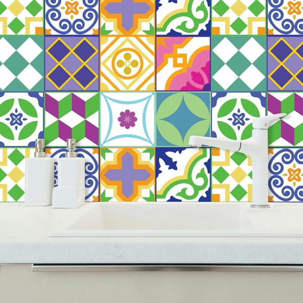 WALPLUS WT1533 - Classic Spanish Colourful Mixed Tiles Wall Stickers Set 1 - 15 x 15 cm (6 x 6 inches) - 24 pcs.