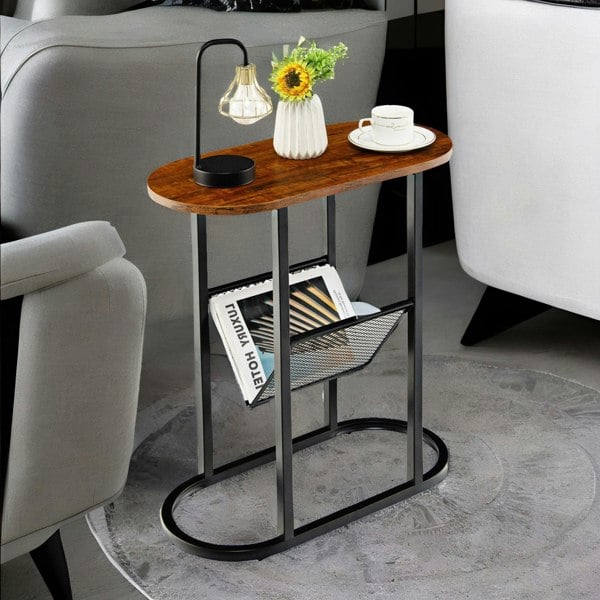 Rafaelo Mobilia Industrial Side Table With Mesh Magazine Holder Rustic Brown