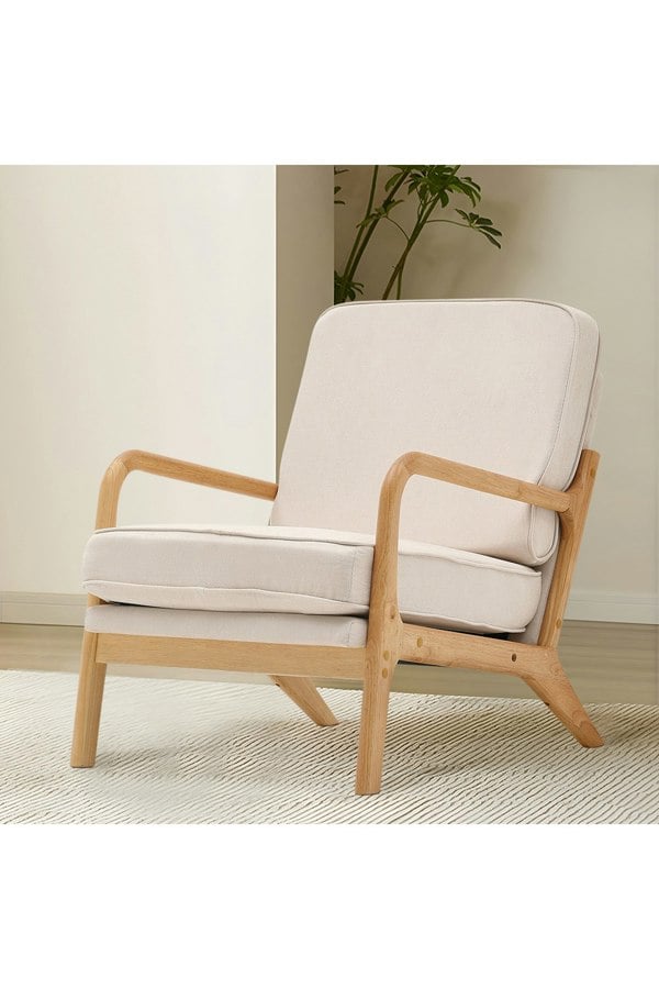 Living and Home Beige Velvet Wooden Armchair