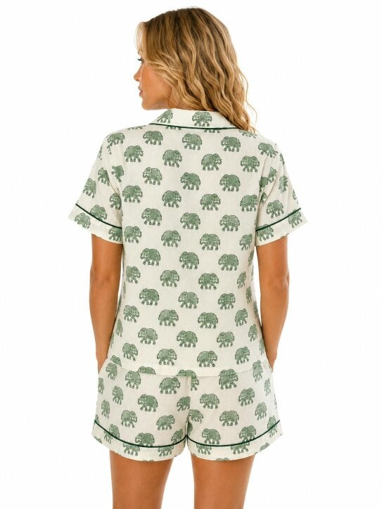 Short Sleeve Green Woodblock Elephant print pyjamas - Adult